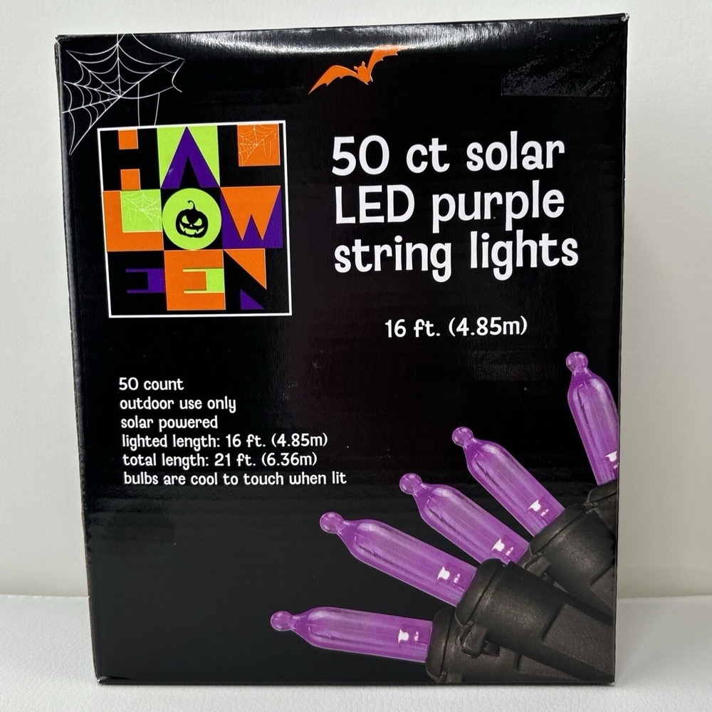 Halloween Solar LED String Lights OS Purple 50ct 16t Outdoor Spooky Decor New